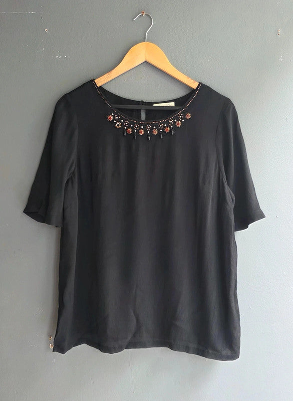 Monsoon Black Embellished Gem Bead Top Ladies Short Sleeve Blouse - Approx M