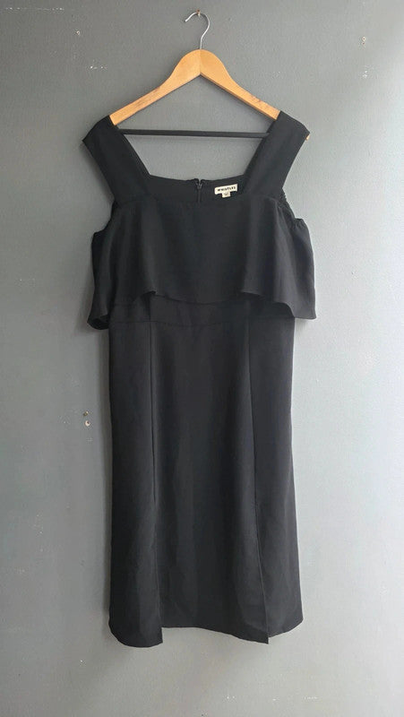 Whistles Piper Black Ruffle Dress UK 16 XL Bardot Neck Midi Lined Summer Slit