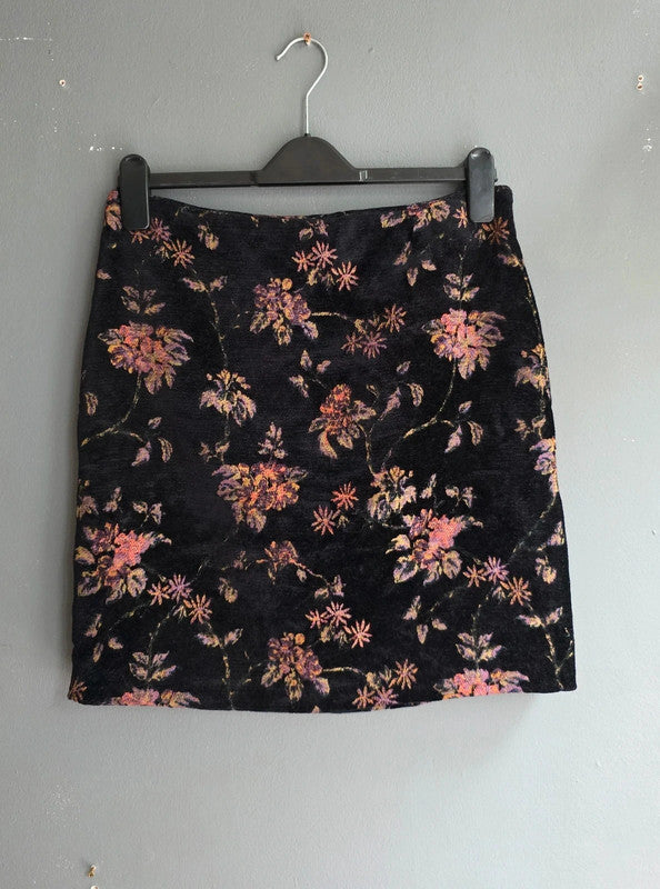 Monsoon Black Floral Velvet Mini Skirt UK 10 M Fairy Whimsygoth Party Soft