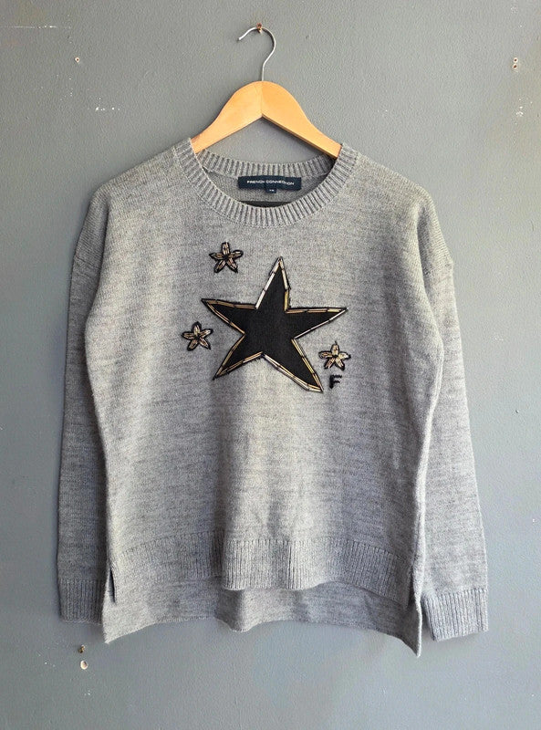 French Connection Grey Knit Jumper XS 6 8 Star Embellished Wool Blend Soft Crew