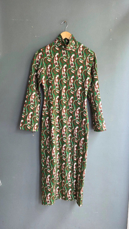 Zara Green Retro Paisley High Neck Long Sleeve Slit Midi Long Dress XS 6–8