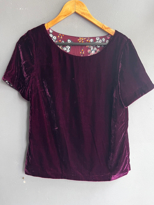 White Stuff Purple Velvet Short Sleeve Scoop Neck Floral Lined Top Size UK 10 M