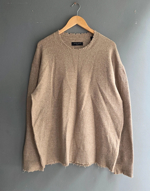 AllSaints Luka Crew Distressed Hem Beige Jumper L Wool Blend Llama Hair Knit