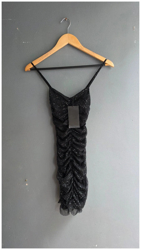Bershka XS 6 LBD Black Glitter Ruched Ruffle Party Mini Dress Sleeveless BNWT