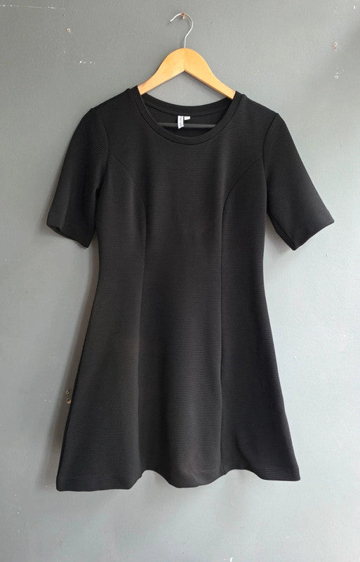 & Other Stories Black Ribbed Short Sleeve Aline Mini Dress UK 12 M Stretch Thick