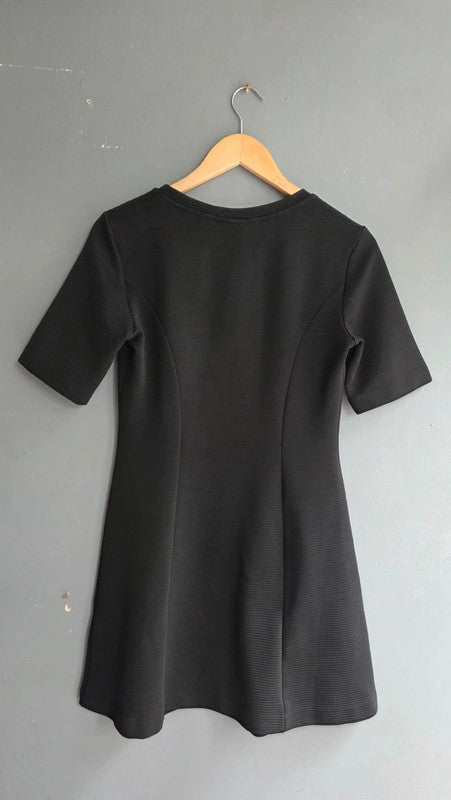 & Other Stories Black Ribbed Short Sleeve Aline Mini Dress UK 12 M Stretch Thick