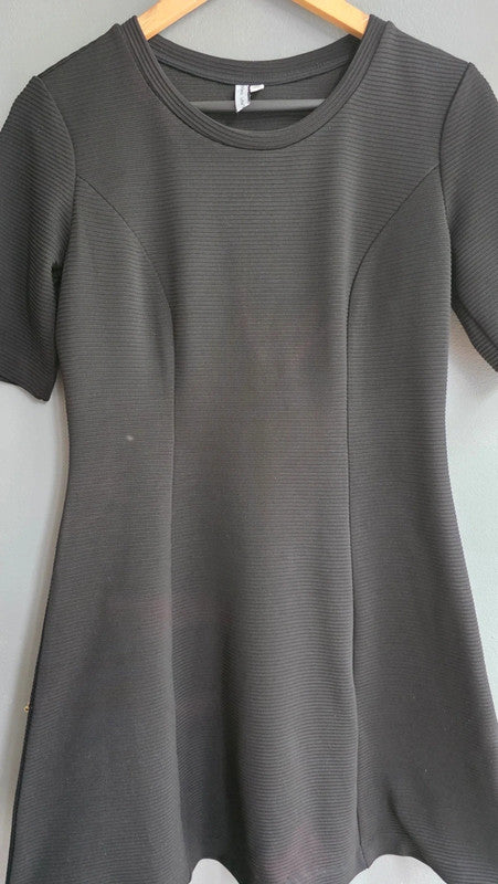& Other Stories Black Ribbed Short Sleeve Aline Mini Dress UK 12 M Stretch Thick