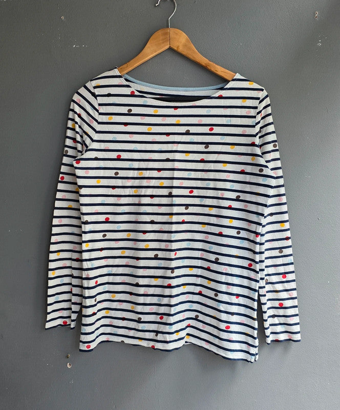 Boden Navy Stripe Multicolour Spot Cotton Long Sleeve Top UK 12 L Casual Basic