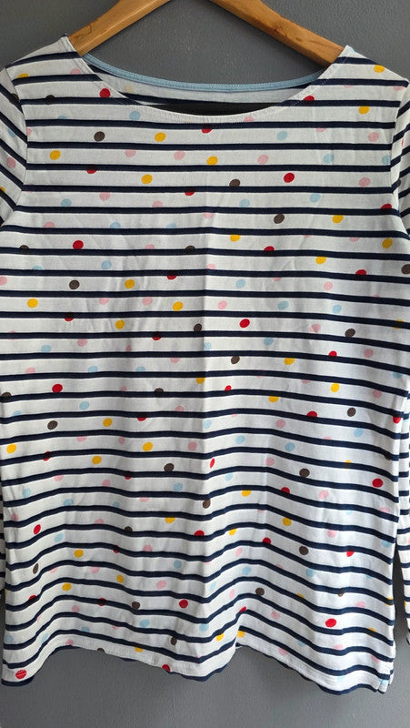 Boden Navy Stripe Multicolour Spot Cotton Long Sleeve Top UK 12 L Casual Basic