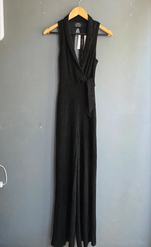 Bershka Black Glitter Special Edition Jumpsuit XS 6 8 Collar Tie Waist Evening