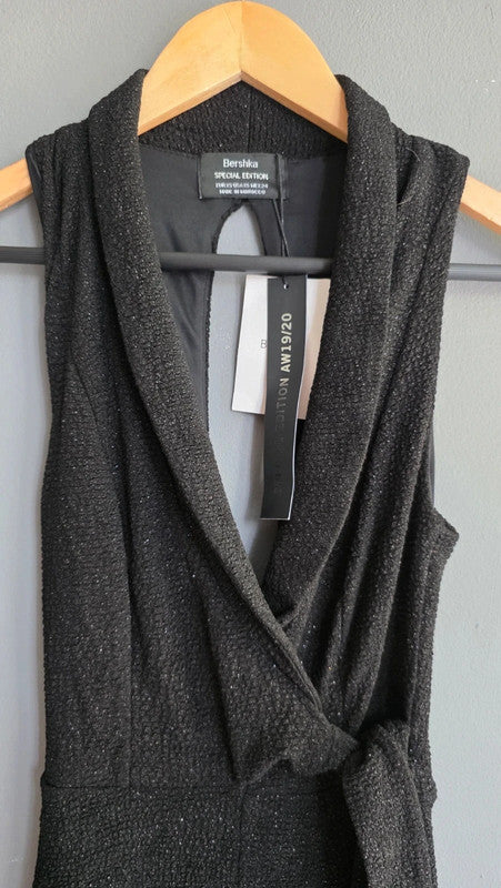 Bershka Black Glitter Special Edition Jumpsuit XS 6 8 Collar Tie Waist Evening