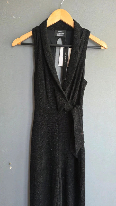 Bershka Black Glitter Special Edition Jumpsuit XS 6 8 Collar Tie Waist Evening