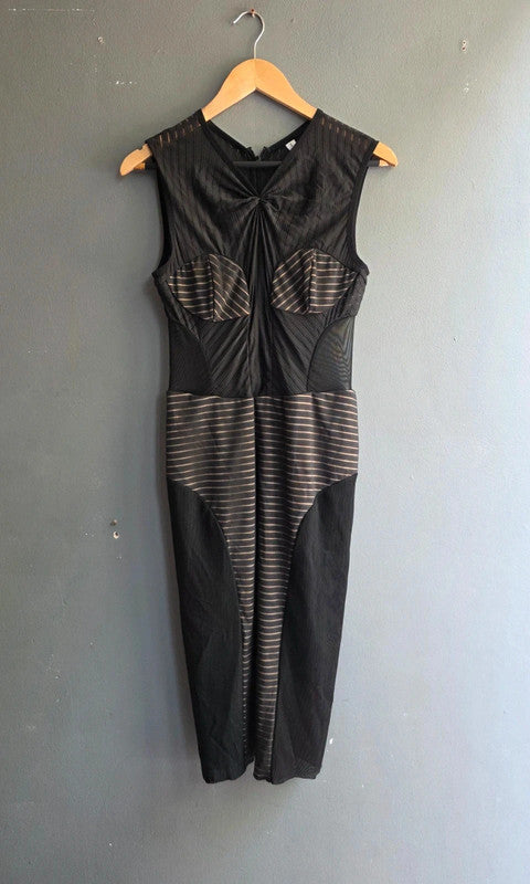 Bec & Bridge Black Nude Mesh Panel Midi Bodycon Dress UK 12 L Striped Sleeveless