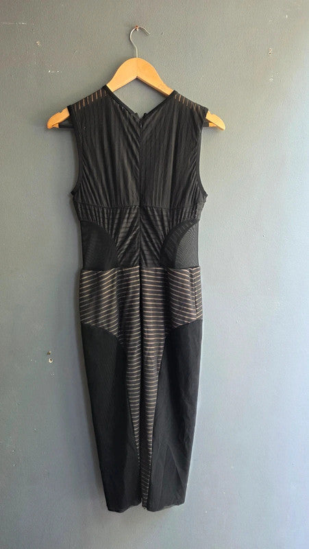 Bec & Bridge Black Nude Mesh Panel Midi Bodycon Dress UK 12 L Striped Sleeveless