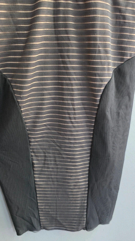 Bec & Bridge Black Nude Mesh Panel Midi Bodycon Dress UK 12 L Striped Sleeveless