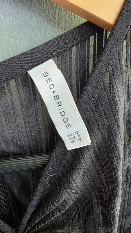 Bec & Bridge Black Nude Mesh Panel Midi Bodycon Dress UK 12 L Striped Sleeveless