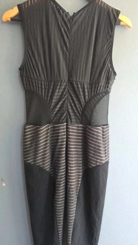 Bec & Bridge Black Nude Mesh Panel Midi Bodycon Dress UK 12 L Striped Sleeveless
