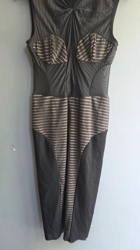 Bec & Bridge Black Nude Mesh Panel Midi Bodycon Dress UK 12 L Striped Sleeveless