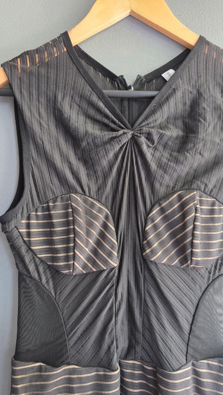 Bec & Bridge Black Nude Mesh Panel Midi Bodycon Dress UK 12 L Striped Sleeveless