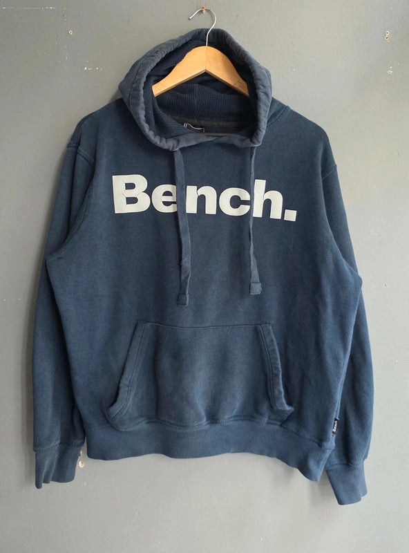 Bench Men Navy Blue Logo Print Hoodie UK L Kangaroo Pocket Cotton Blend Casual