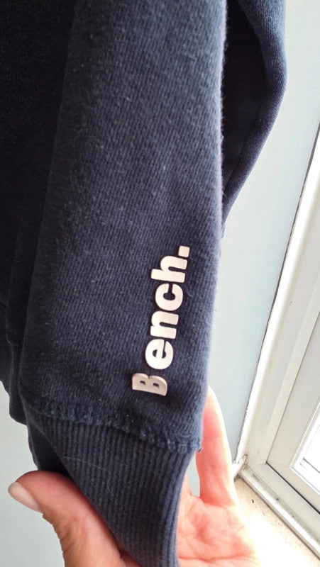 Bench Men Navy Blue Logo Print Hoodie UK L Kangaroo Pocket Cotton Blend Casual