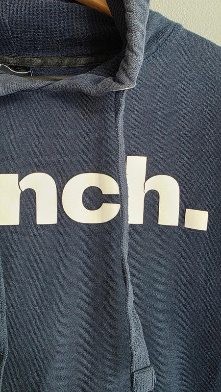 Bench Men Navy Blue Logo Print Hoodie UK L Kangaroo Pocket Cotton Blend Casual