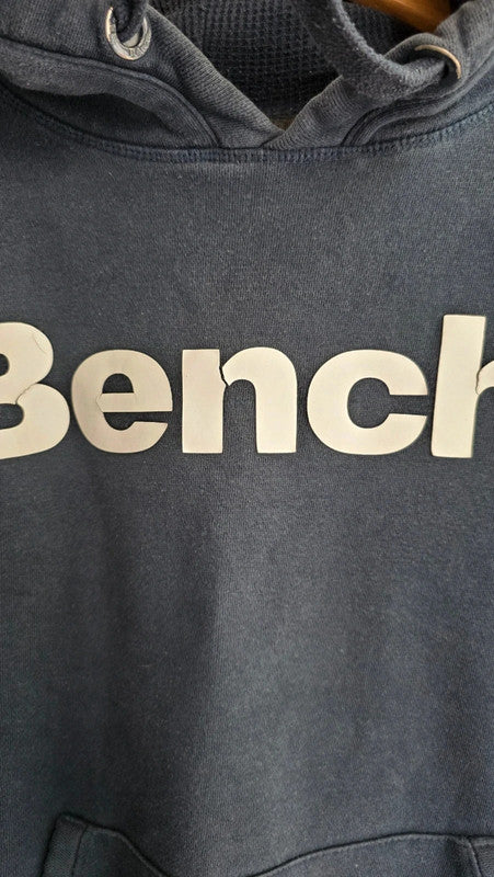 Bench Men Navy Blue Logo Print Hoodie UK L Kangaroo Pocket Cotton Blend Casual
