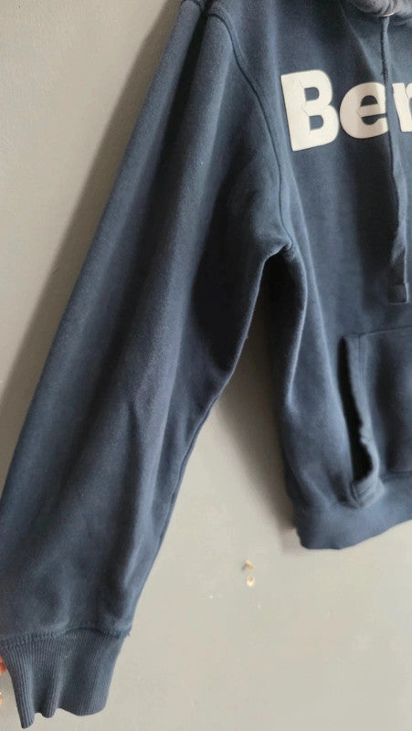 Bench Men Navy Blue Logo Print Hoodie UK L Kangaroo Pocket Cotton Blend Casual
