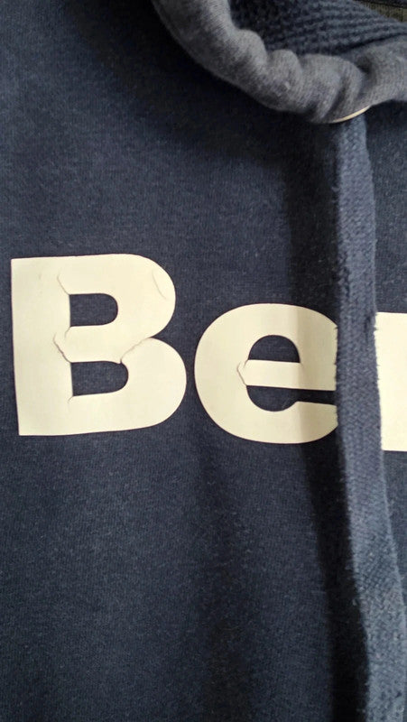 Bench Men Navy Blue Logo Print Hoodie UK L Kangaroo Pocket Cotton Blend Casual
