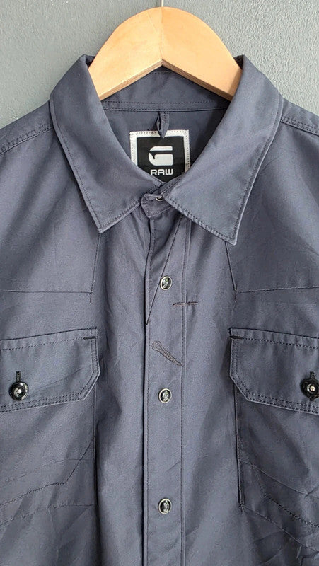 G-Star RAW Navy Work Shirt Button Front Long Sleeve Utility Pockets M 16.5"