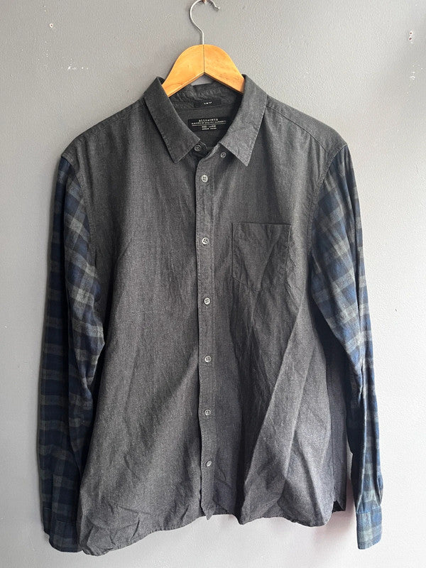 AllSaints Galloway LS Slim Fit Shirt Grey With Navy Checked Sleeves Size L Men