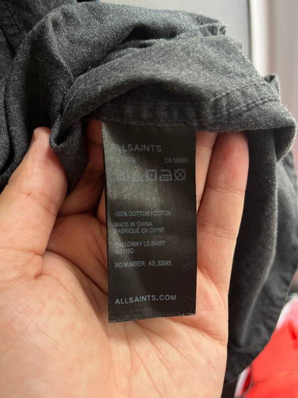 AllSaints Galloway LS Slim Fit Shirt Grey With Navy Checked Sleeves Size L Men