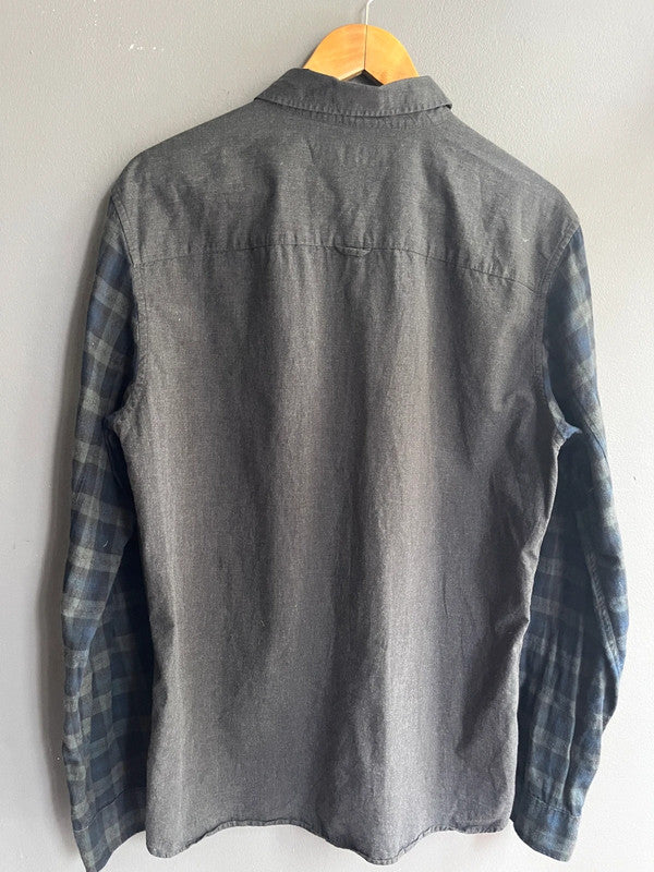 AllSaints Galloway LS Slim Fit Shirt Grey With Navy Checked Sleeves Size L Men