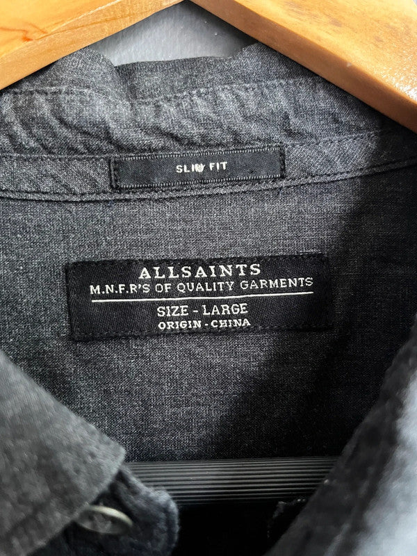 AllSaints Galloway LS Slim Fit Shirt Grey With Navy Checked Sleeves Size L Men