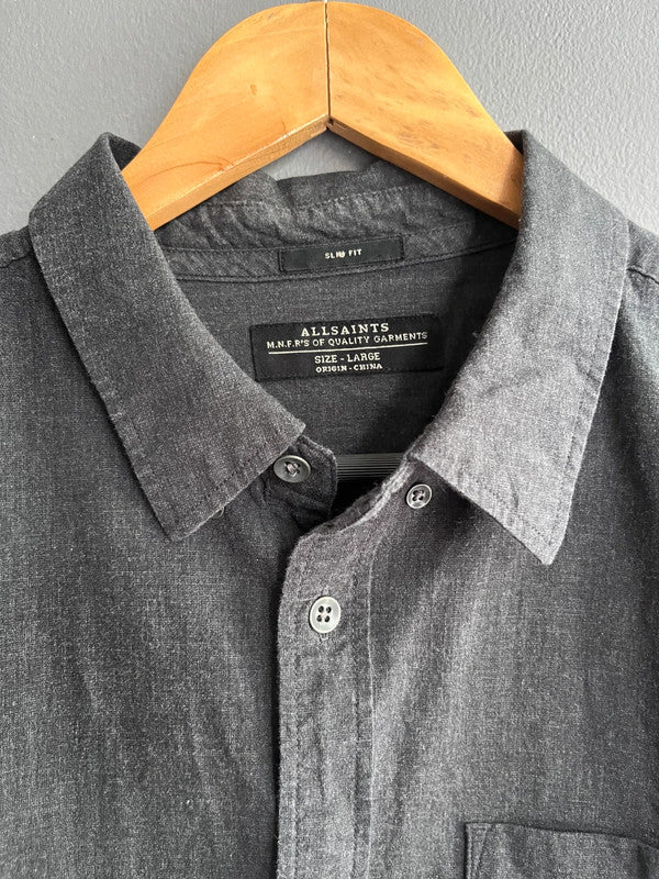 AllSaints Galloway LS Slim Fit Shirt Grey With Navy Checked Sleeves Size L Men