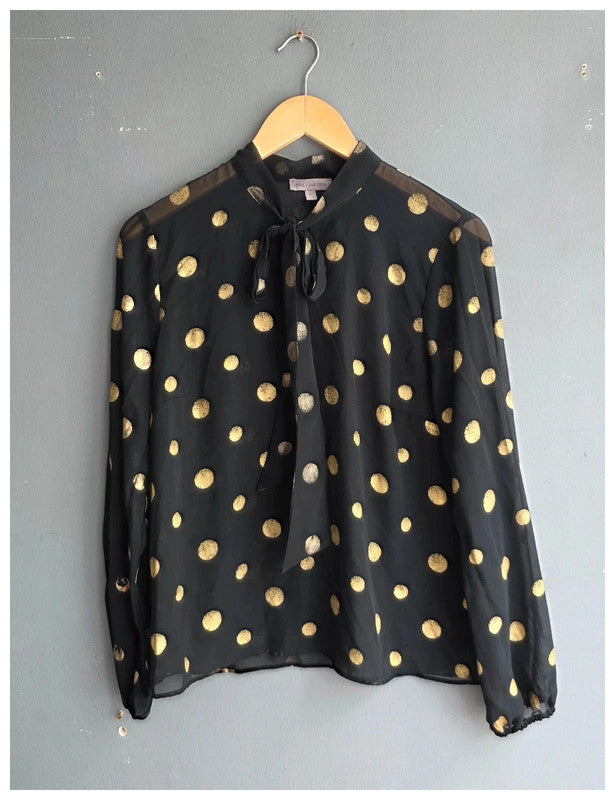 Ana Jakobs Black Gold Polka Dot Sheer Blouse UK 10 S Summer Tie Neck Flowy Light