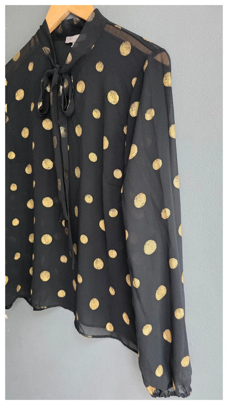 Ana Jakobs Black Gold Polka Dot Sheer Blouse UK 10 S Summer Tie Neck Flowy Light
