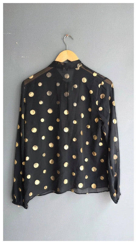 Ana Jakobs Black Gold Polka Dot Sheer Blouse UK 10 S Summer Tie Neck Flowy Light