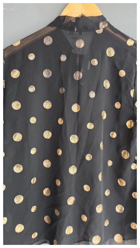 Ana Jakobs Black Gold Polka Dot Sheer Blouse UK 10 S Summer Tie Neck Flowy Light