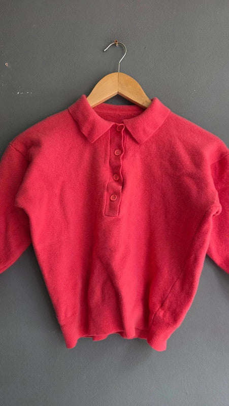 Vintage Bright Pink Lambswool Polo Collar Jumper Medium XS-S French Soft Knit