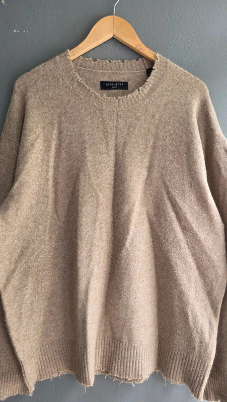 AllSaints Luka Crew Distressed Hem Beige Jumper L Wool Blend Llama Hair Knit