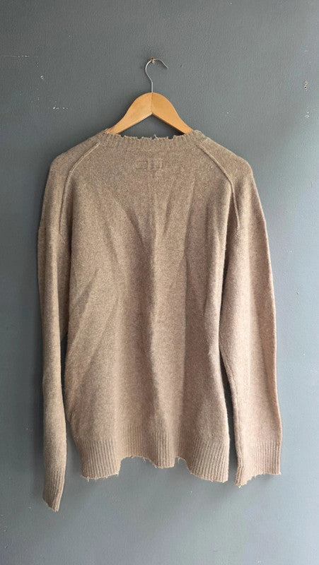 AllSaints Luka Crew Distressed Hem Beige Jumper L Wool Blend Llama Hair Knit