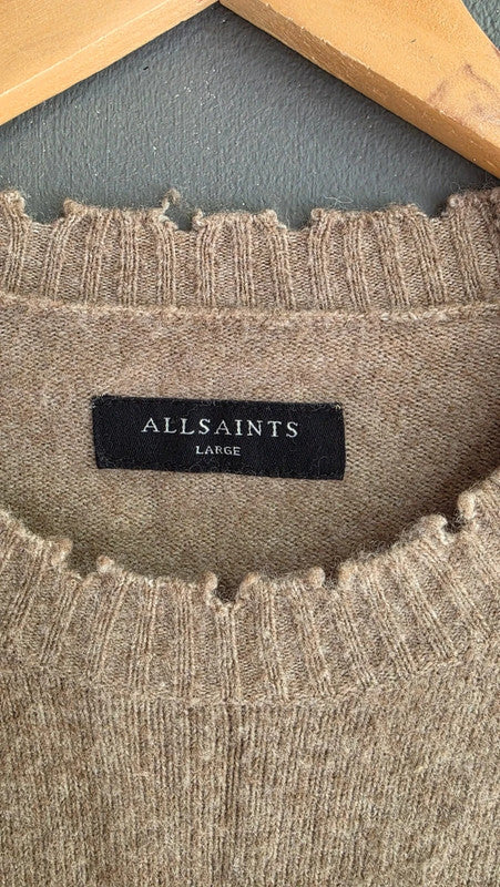 AllSaints Luka Crew Distressed Hem Beige Jumper L Wool Blend Llama Hair Knit