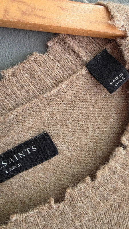 AllSaints Luka Crew Distressed Hem Beige Jumper L Wool Blend Llama Hair Knit