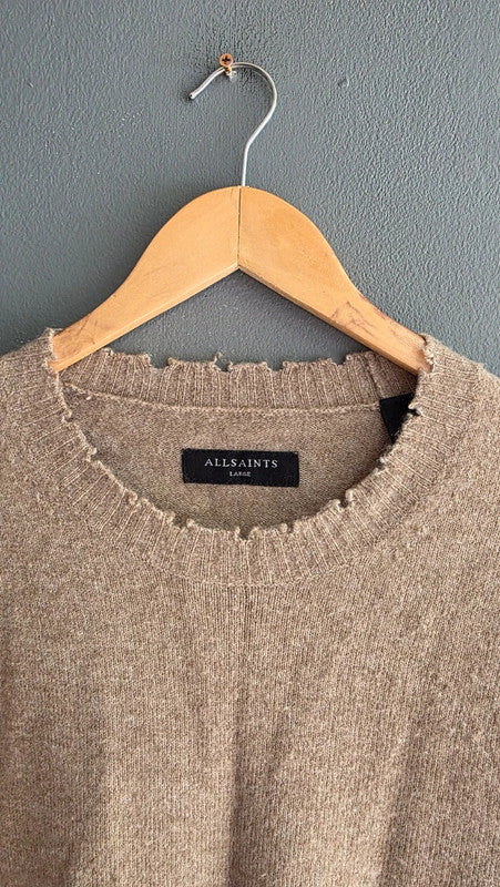 AllSaints Luka Crew Distressed Hem Beige Jumper L Wool Blend Llama Hair Knit