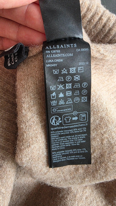 AllSaints Luka Crew Distressed Hem Beige Jumper L Wool Blend Llama Hair Knit