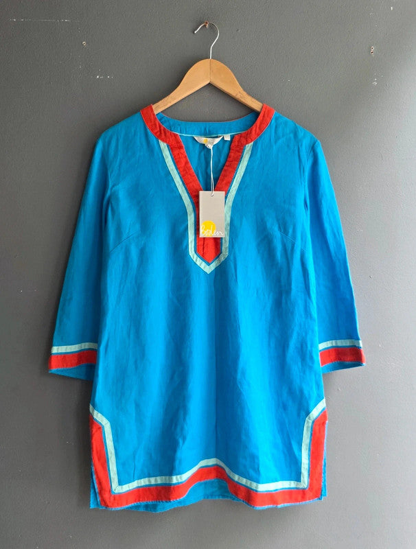Boden Blue Red Linen Tunic Dress RRP £150 10 M V-Neck 3/4 Sleeve Contrast Trim