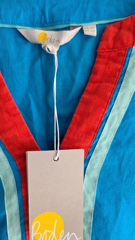 Boden Blue Red Linen Tunic Dress RRP £150 10 M V-Neck 3/4 Sleeve Contrast Trim
