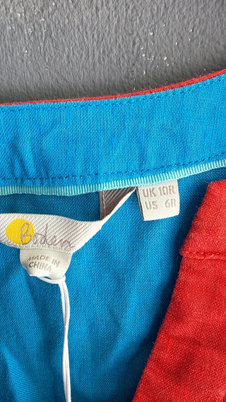 Boden Blue Red Linen Tunic Dress RRP £150 10 M V-Neck 3/4 Sleeve Contrast Trim