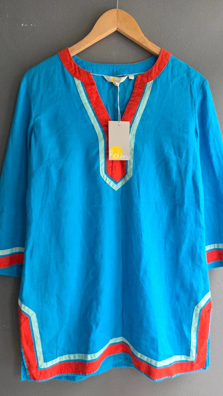 Boden Blue Red Linen Tunic Dress RRP £150 10 M V-Neck 3/4 Sleeve Contrast Trim